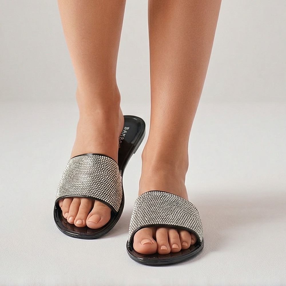 Bamboo Sundown-01 Slide Sandals Womens 6 Black New Rhinestone Jelly Slip On Flat